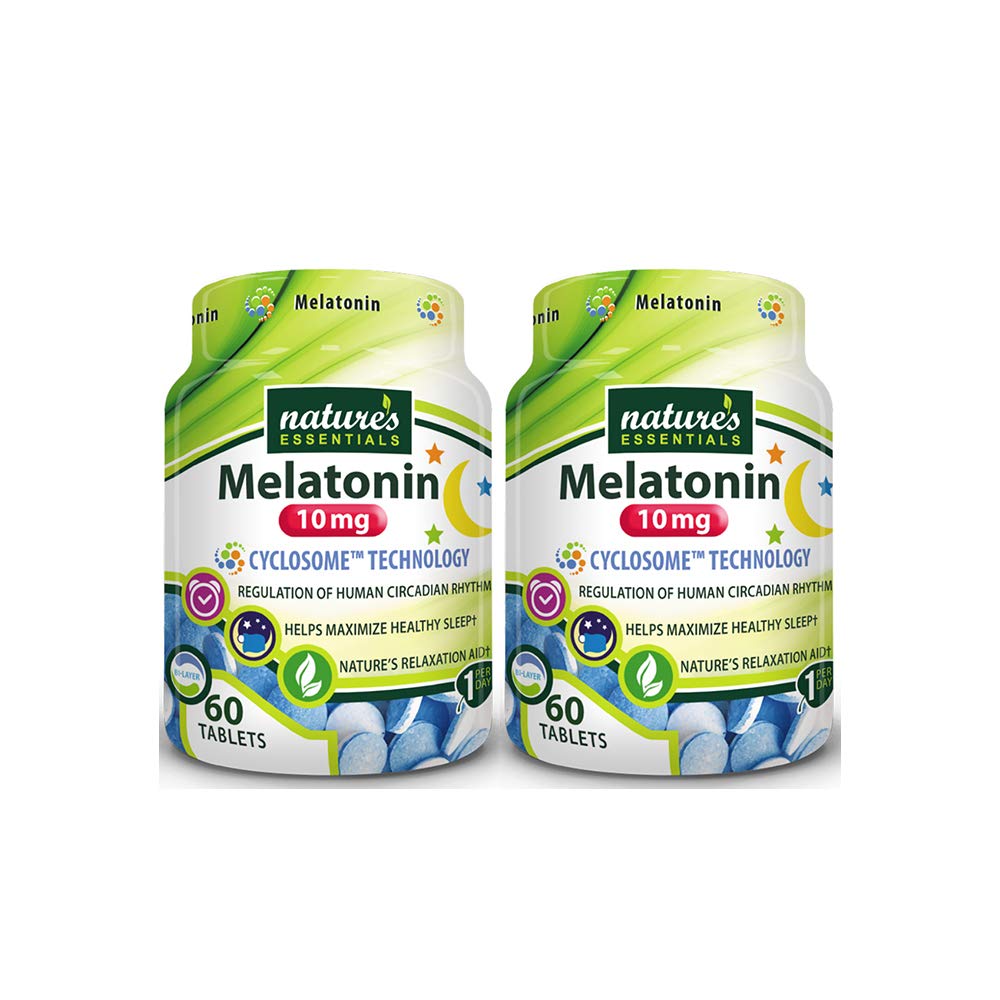 NATURE'S ESSENTIALS Melatonin 10mg bottle promotes steady sleep with immediate and extended release