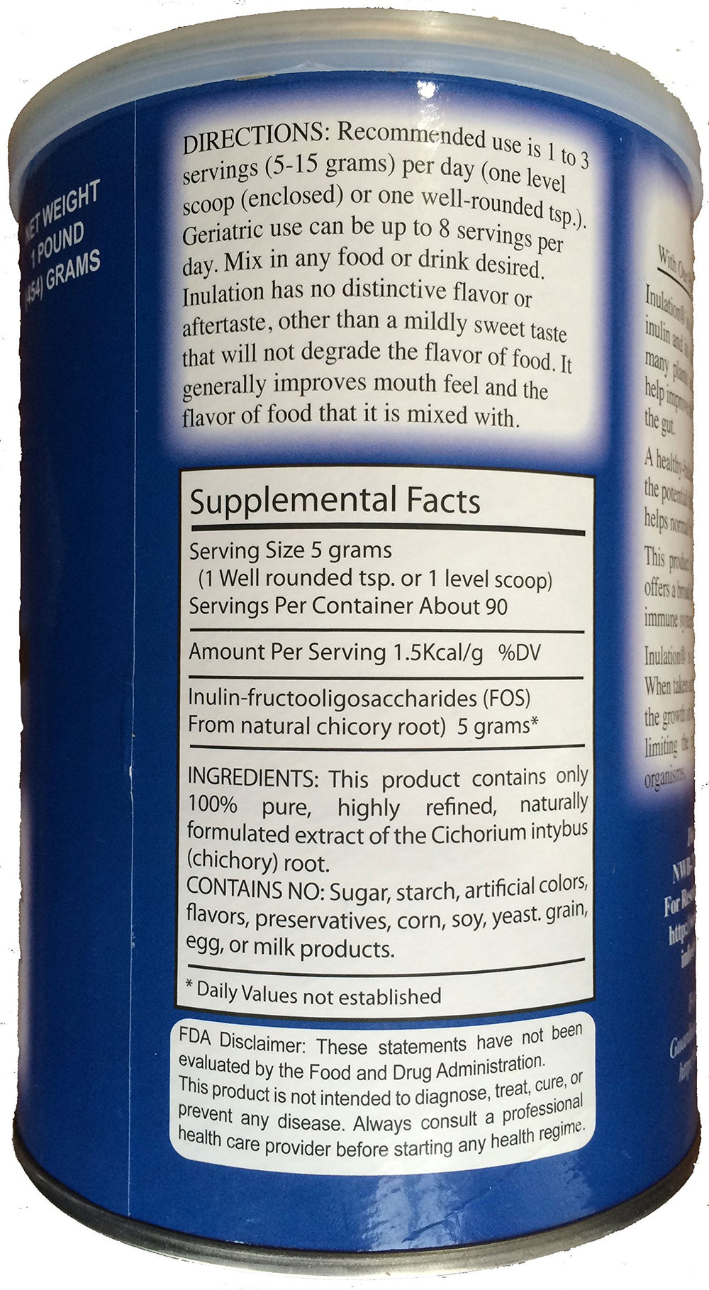 Nature's Formula Inulation chicory root source signals 100 percent chicory origin