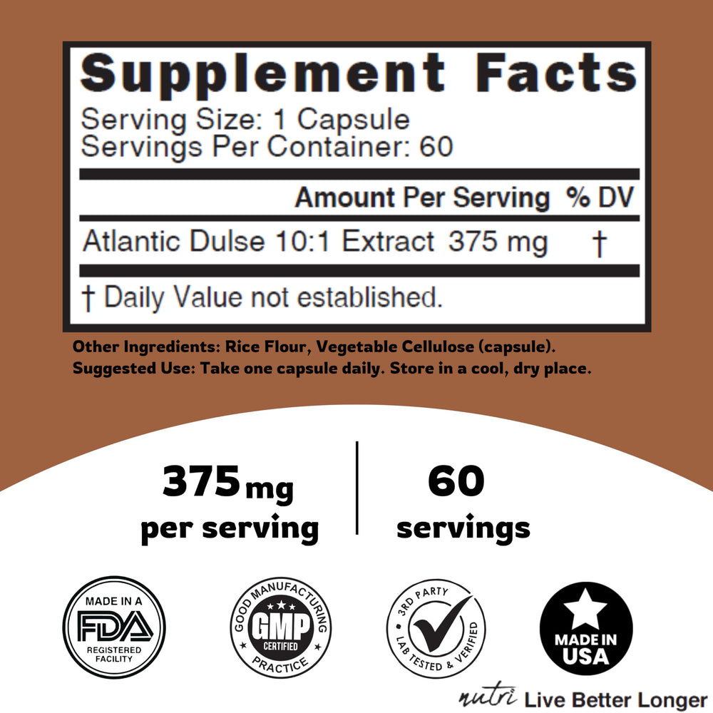 Nature's Fusions Atlantic Dulse 10:1 extract ingredients showcase seaweed-derived nutrients for daily use.