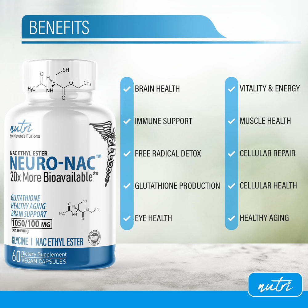 Nature's Fusions Neuro NAC ET ingredients panel with glycine and selenium for synergy