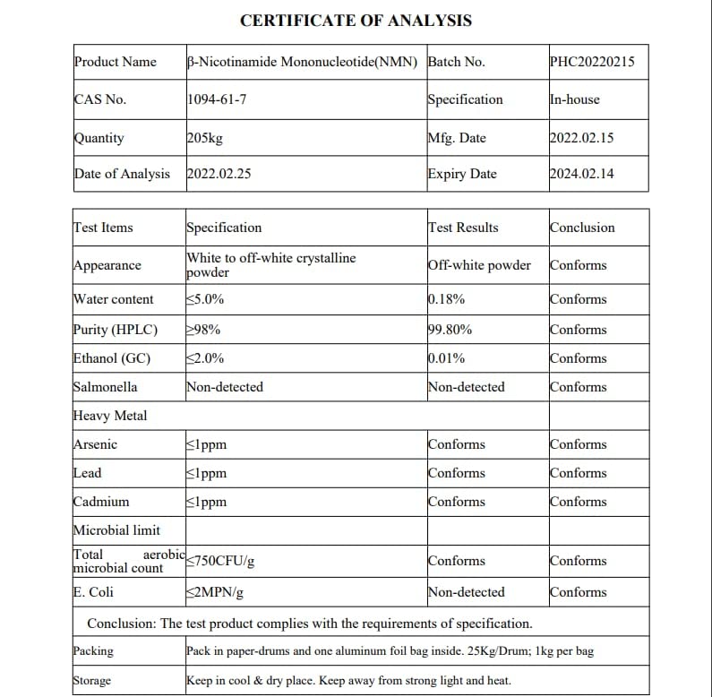 Nature's Fusions NMN ingredients label highlighting 99%+ NMN purity and third-party testing