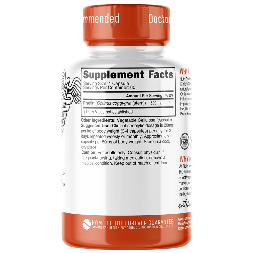 Nutri Fisetin dosage card showing clinical guidance for daily use.