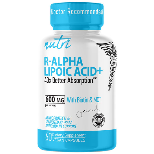 Nature's Fusions Nutri R Alpha Lipoic Acid 600mg capsules closeup for cellular energy support
