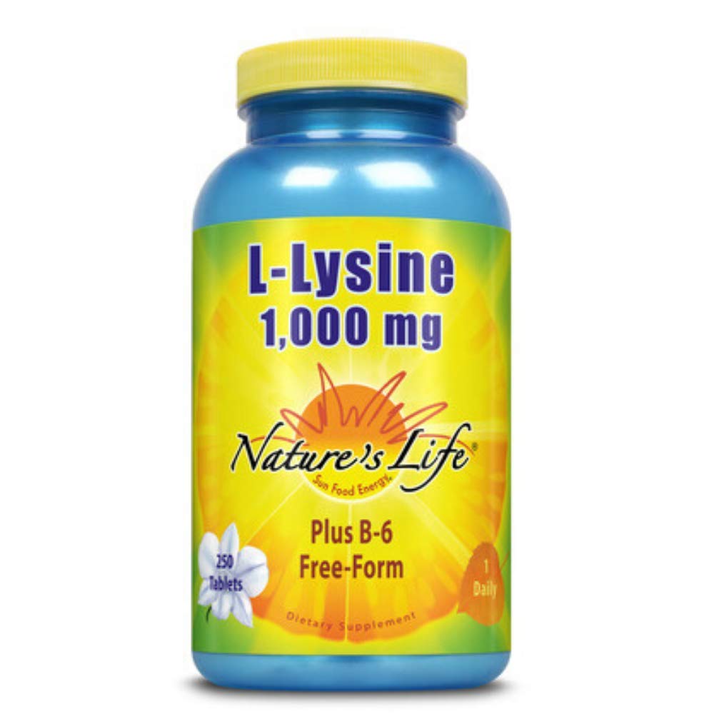 Nature's Life L-Lysine bottle with 250-count capsules highlighting immune support and protein utilization
