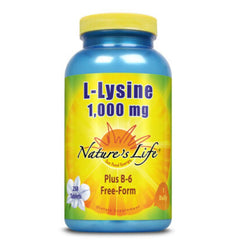 Nature's Life L-Lysine bottle with 250-count capsules highlighting immune support and protein utilization