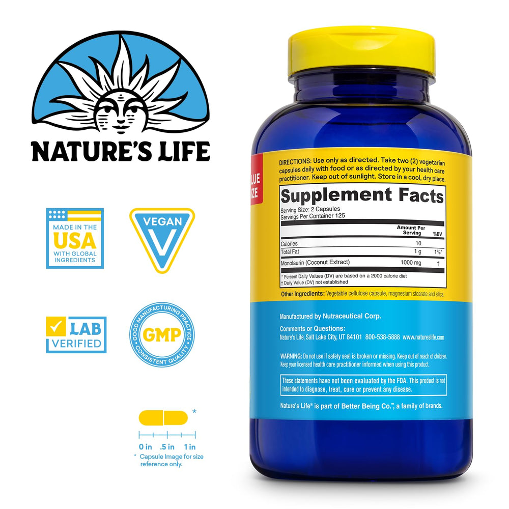 Nature's Life Monolaurin capsules close-up highlighting daily wellness.