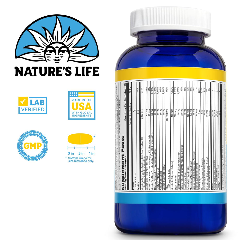 Nature's Life softgel multivitamin bottle pour showing easy daily intake