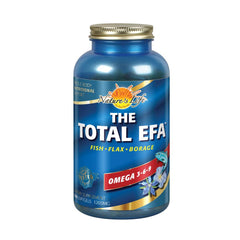 Nature's Life Total EFA Fish Oil bottle shows omega blend for joints and skin.