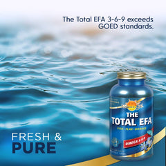 Nature's Life Total EFA serving size graphic shows daily intake in three softgels.