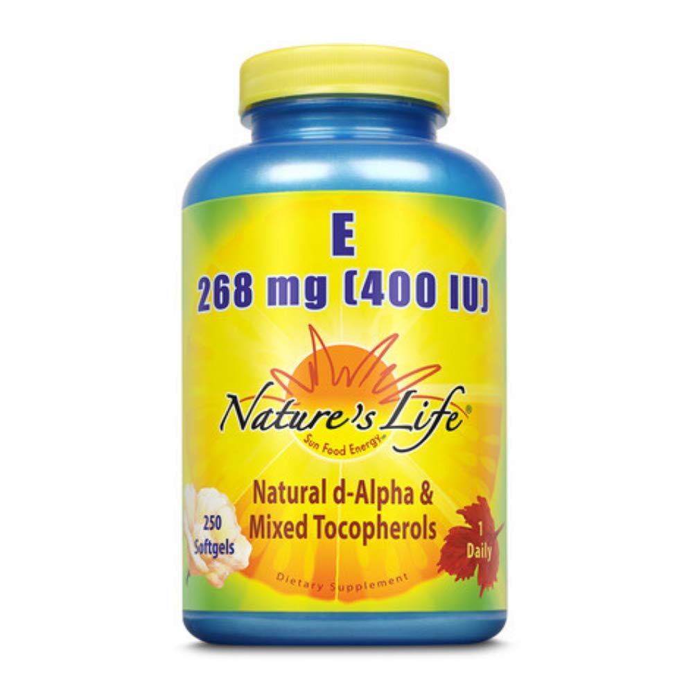 Nature's Life Vitamin E 400 IU bottle front with 250-count container highlighting antioxidant support