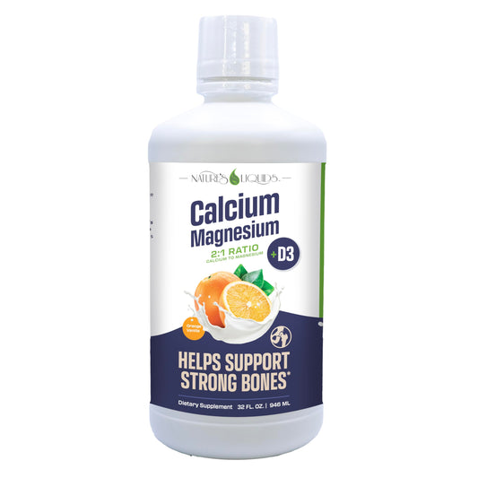 Nature's Liquids calcium-magnesium-d3 orange-vanilla bottle supports bone and teeth health.