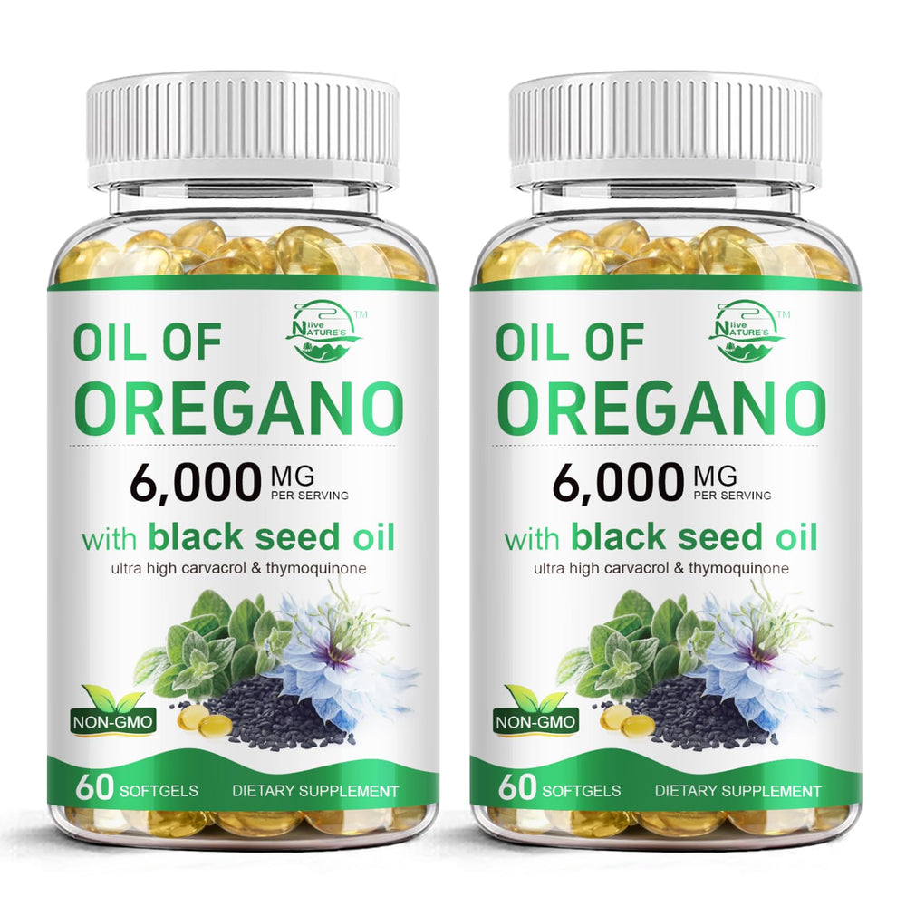 Nature's live Oil of Oregano softgel bottle with oregano and black seed blend for daily immune support