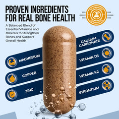 Nature's Nectar bottle label highlights calcium, D, K2 and mineral blend for strong bones.
