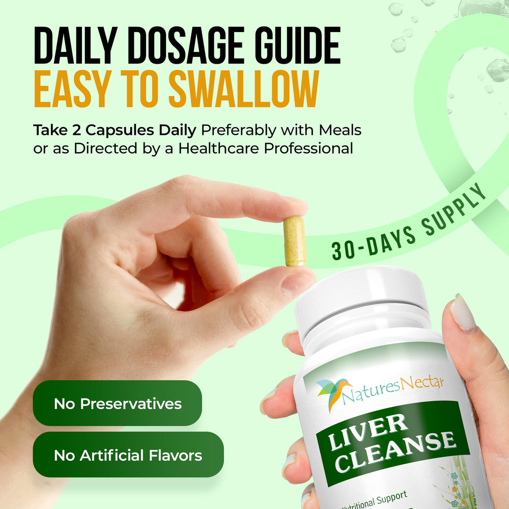 Nature's Nectar Liver Cleanse ingredients panel, shows toxin flush and nutrient support.