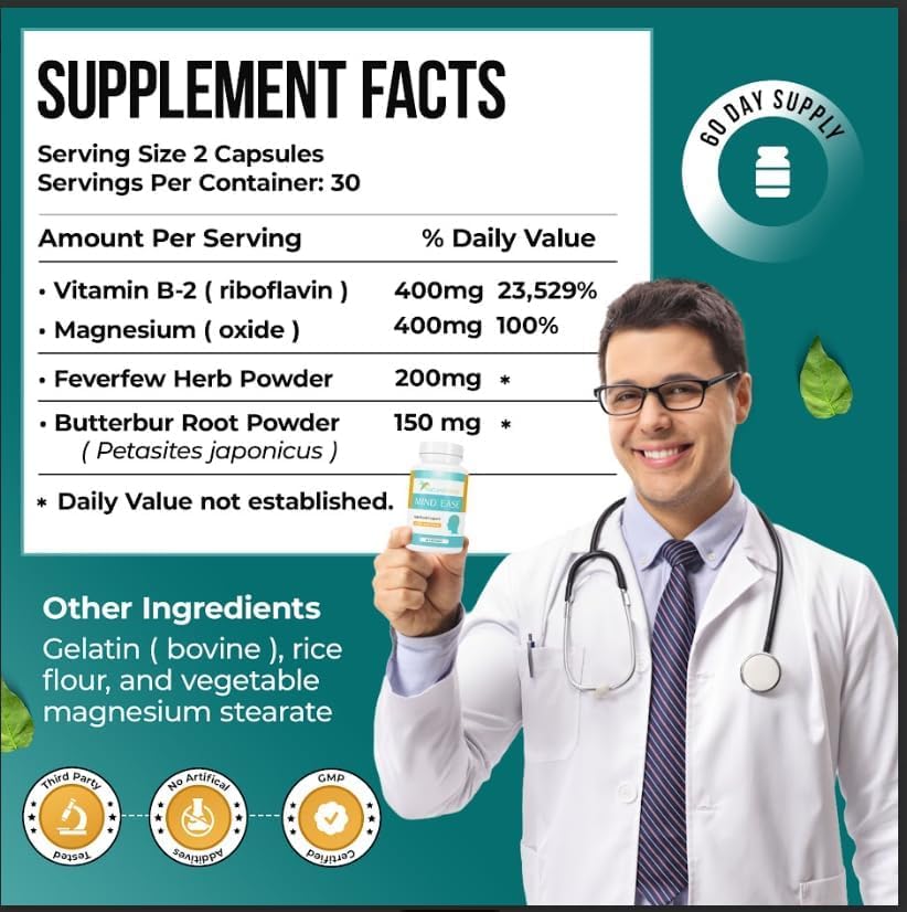 Nature's Nectar migraine prevention bottle back with dosage and ingredients for informed use