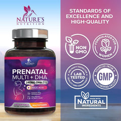 Nature's Nutrition folic acid and DHA combo closeup shown for fetal development support