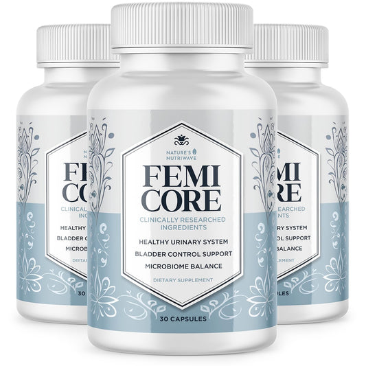 Nature’s NutriWave FemiCore bottle—daily, stimulant-free wellness support for busy women.