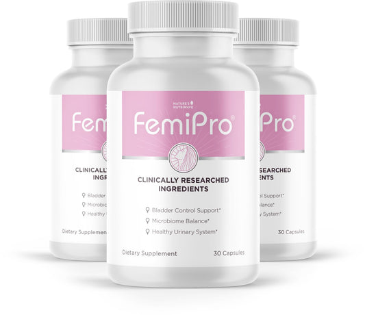 Nature’s NutriWave Femipro bottle for daily bladder support.
