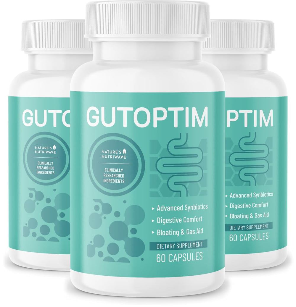Nature's NutriWave GutOptim bottle front shows probiotic capsules for gut support.