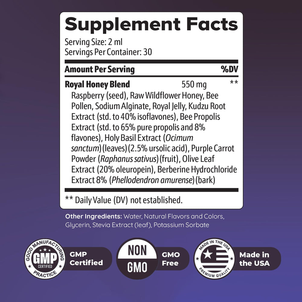 Close-up of HoneyBurn Purple Honey ingredients showing 11 plant and bee-based components for daily balance