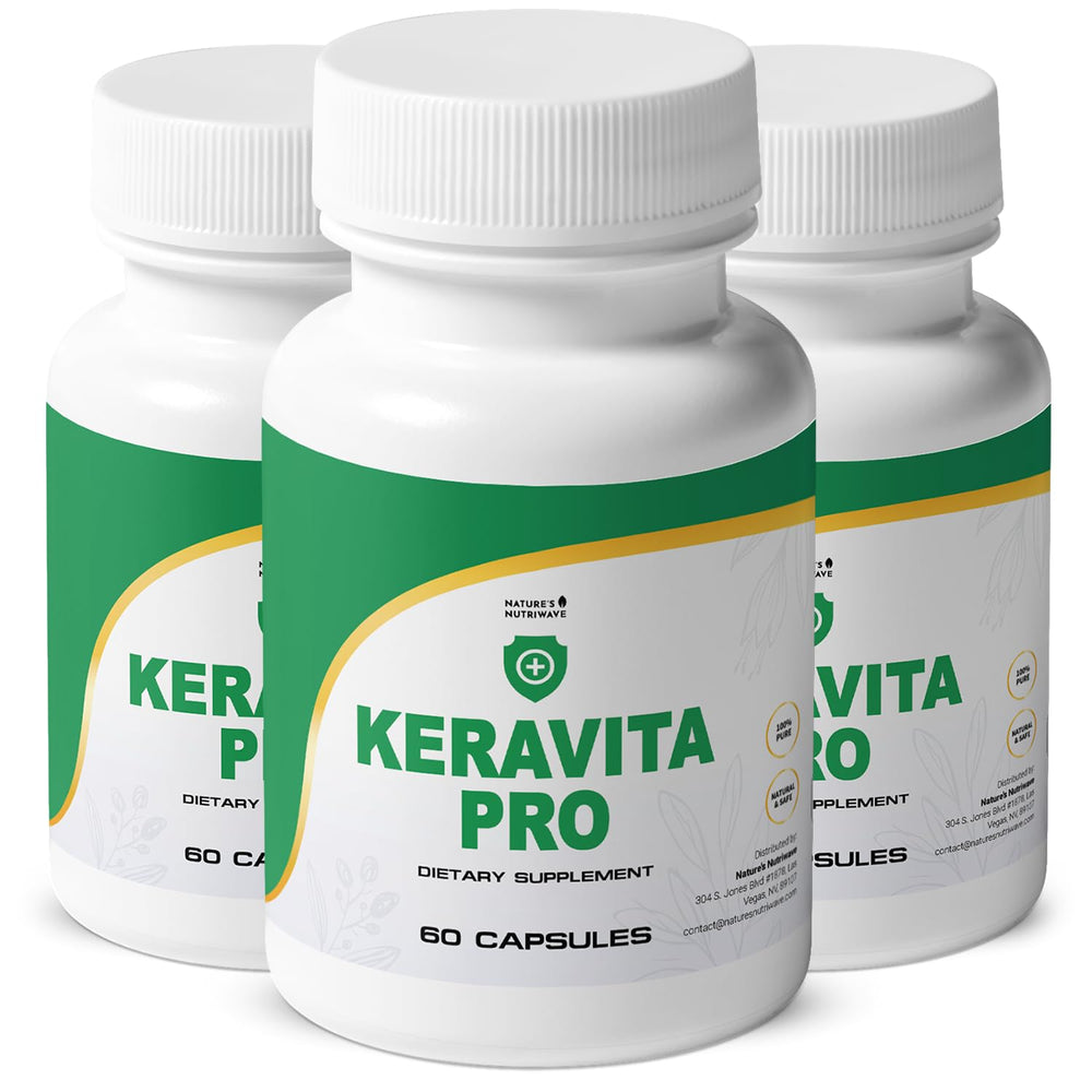 Nature’s NutriWave Keravita Pro bottle front showing GMP-certified supplement for nails and hair.