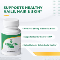 Closeup of Keravita Pro capsules highlighting a clean, non-GMO, stimulant-free formula.