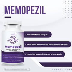 Memopezil capsules closeup shows easy-to-swallow, non-GMO formula.