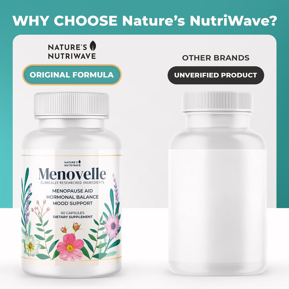 Nature’s NutriWave Menovelle packaging demonstrates a clean US-made supplement.