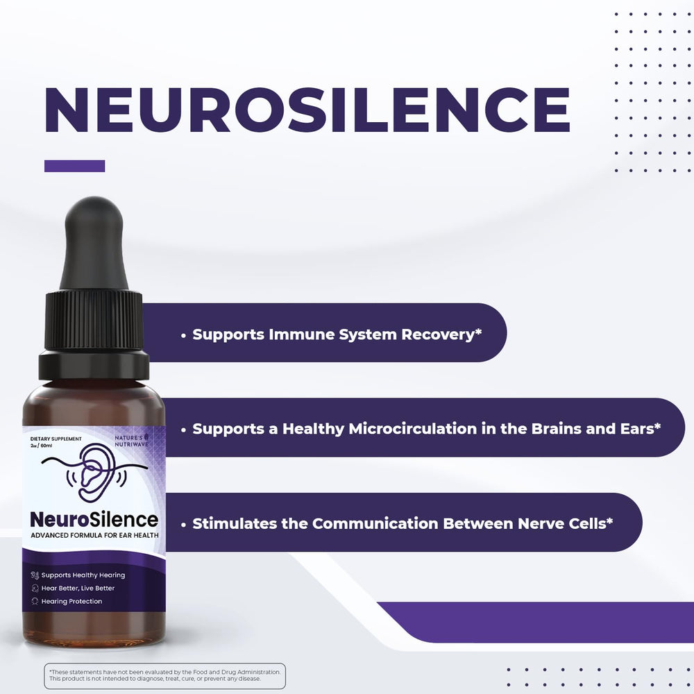 Nature's NutriWave NeuroSilence drops ready for easy daily dosing in a glass of water.