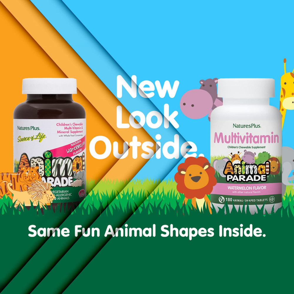 Nature's Plus Animal Parade animal-shaped tablets in bright colors.