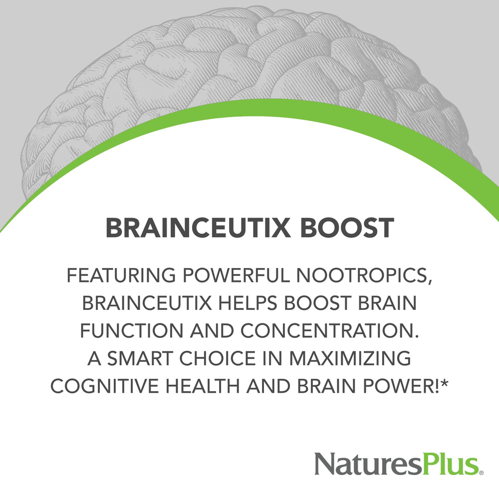 Nature's Plus BrainCeutix bottle closeup of label signals trusted nootropic ingredients for daily clarity.