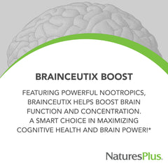 Nature's Plus BrainCeutix bottle closeup of label signals trusted nootropic ingredients for daily clarity.