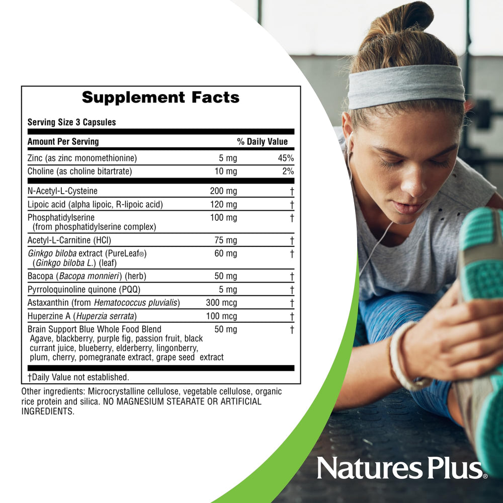 Nature's Plus BrainCeutix ingredients panel reveals NAC and ginkgo benefits for brain health awareness.