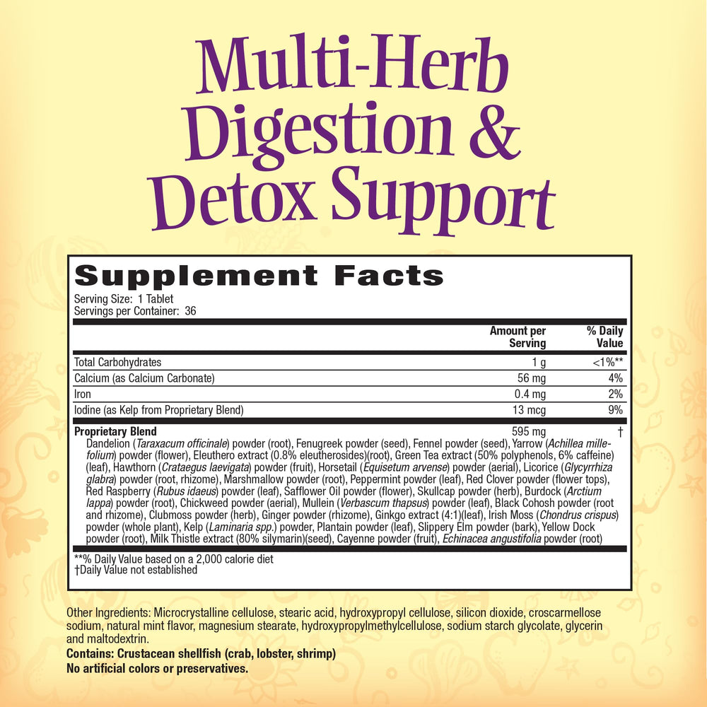 Nature's Secret multi-herb digestion tablets close-up highlighting easy dosage