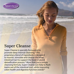 Nature's Secret Super Cleanse tablets close-up highlighting the 14-herb formula.