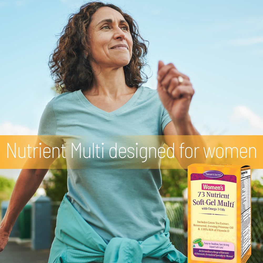 Nature's Secret Women's 73 Nutrient Soft-Gel Multi capsules ready for daily use.