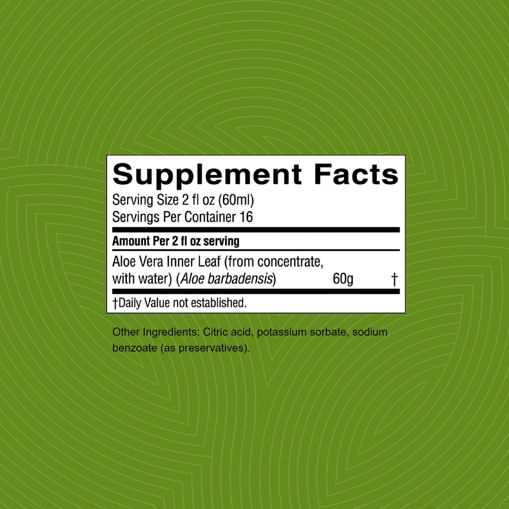 Close-up of Nature's Sunshine Aloe Vera Juice label highlighting organic quality