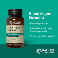 Nature's Sunshine Blood Sugar Formula packaging emphasizes in-house manufacturing standards.