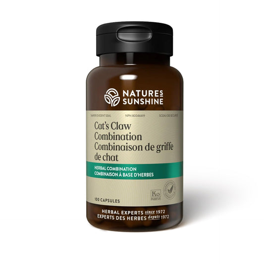 Nature's Sunshine Cats Claw bottle showing capsules for immune support and digestive wellness.