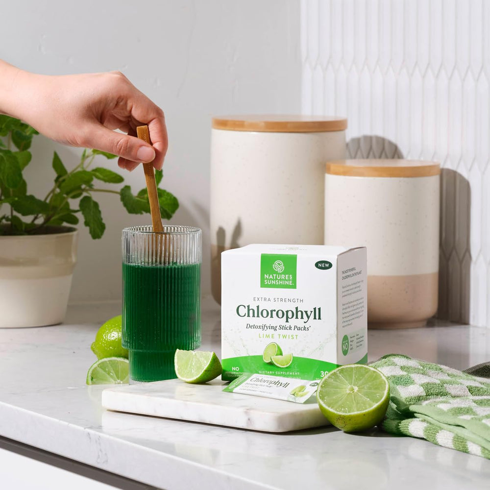 Fifty-year legacy image showing Nature's Sunshine chlorophyll stick lime twist