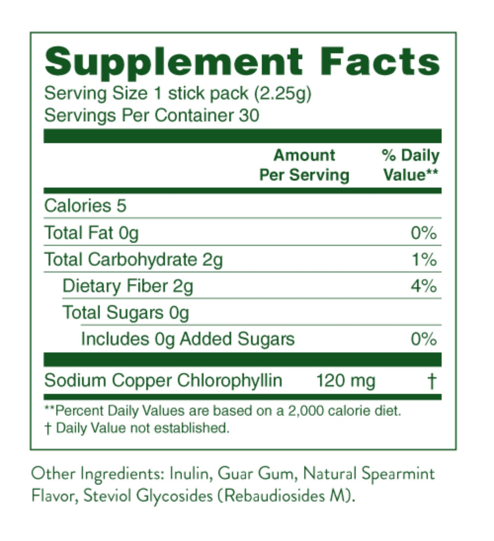 Nature's Sunshine Chlorophyll stick pack eco friendly manufacturing symbol.