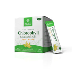 Nature's Sunshine Chlorophyll stick pack ready to mix with water for a refreshing detox sip.