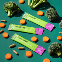 Nature's Sunshine CleanStart Mild sachets ready to dissolve in hot water for a soothing cup.