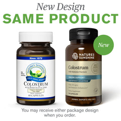 Product line visuals for Nature's Sunshine Colostrum with Immune Factors emphasizing immune and GI themes