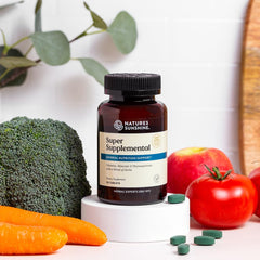 Nature's Sunshine Herbal blend closeup highlighting dandelion, alfalfa, and rose hips.