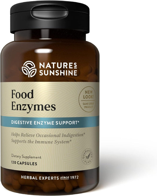 Nature's Sunshine Food Enzymes bottle and capsules for comfortable digestion.