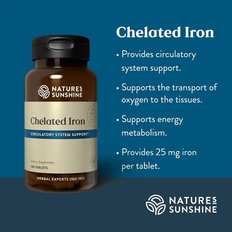 Close-up of Nature's Sunshine iron-chelated tablets with gentle formula.