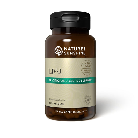 Nature's Sunshine LIV-J capsules on bottle suggest liver and spleen support.