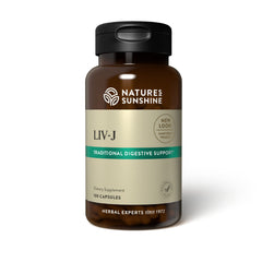 Nature's Sunshine LIV-J capsules on bottle suggest liver and spleen support.