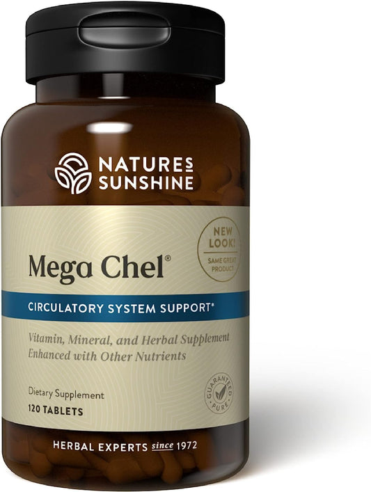 Nature's Sunshine Mega-Chel bottle front shows a comprehensive vitamin and mineral blend for daily support.